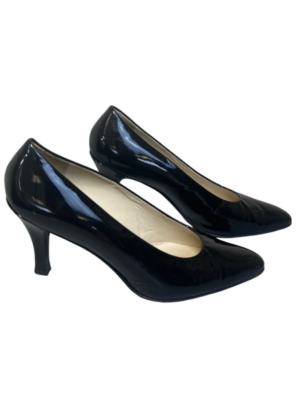 Bally Black Patent Leather Pumps Pointed Toe Sz 7E  Wide Switzerland Office Heel - Picture 4 of 13